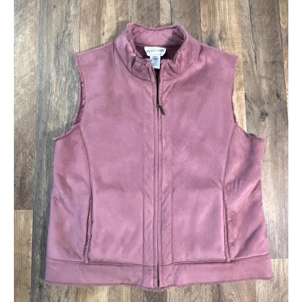 Pendleton Vest Women's Medium Pink Zip Front Two Pockets Faux Leather Suede.